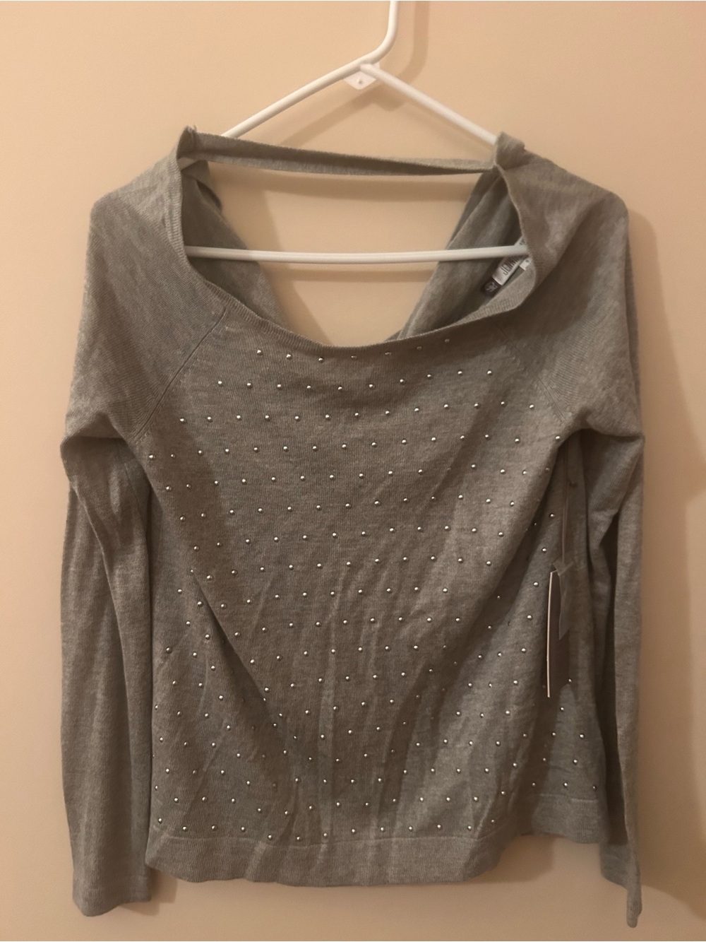 Jennifer Lopez Light Grey Rhinestone-Embellished Long Sleeve Top